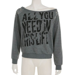 Off shoulder long sleeve letter print top