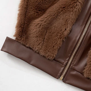 Cap sleeve fluffy PU leather patchwork zip-up mini skirt set