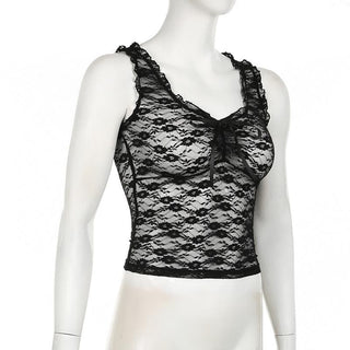 U neck ruffle lace bowknot see through crop top