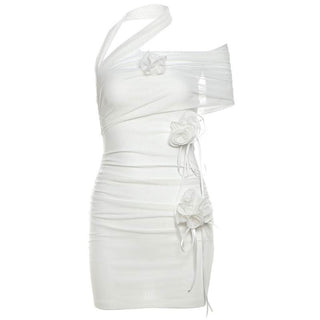 Halter flower applique mesh mini dress