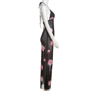 Halter v neck flower print see through maxi dress