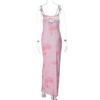 Print mesh knotted backless cami maxi dress
