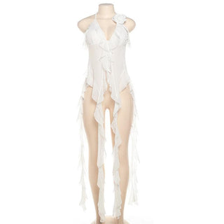 Halter rose applique sheer mesh ruffle v neck backless crop top