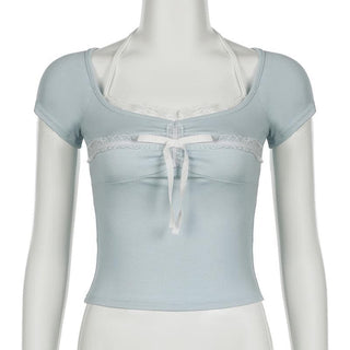 Halter short sleeve bowknot lace hem top