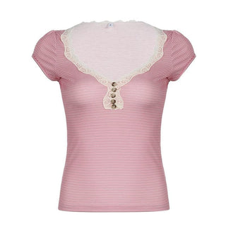 Short sleeve lace hem striped print button top