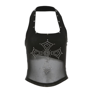 Halter beaded square neck cross pattern mesh top