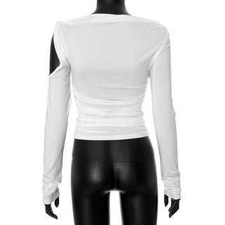 Irregular long sleeve hollow out ruched one shoulder cut out top