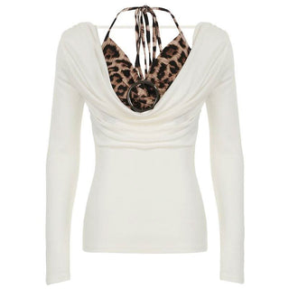 Long sleeve halter self tie leopard print cowl neck top
