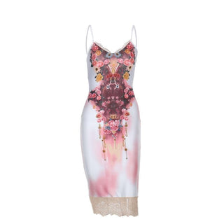 Lace hem flower print v neck cami midi dress