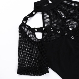 Short sleeve fishnet hollow out patchwork cut out top