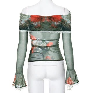Long flared sleeve off shoulder sheer mesh print lace top