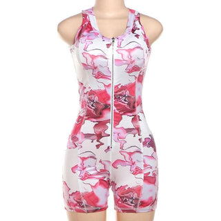 U neck zip-up print stitch tank romper