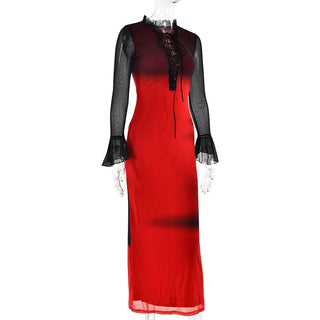 Long flared sleeve ruffle lace up mesh midi dress