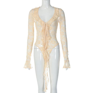 Long flared sleeve ruffle see through lace bodysuit