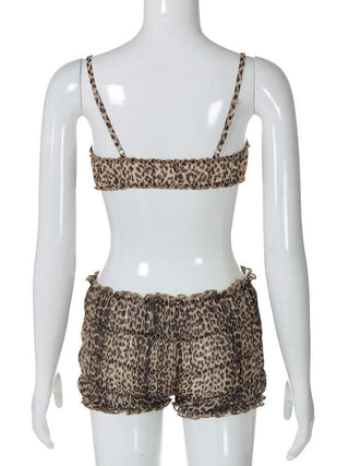 Leopard print ruffle ruched crop chiffon cami pant set