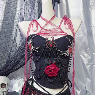 Spider pattern beaded lace hem cami top