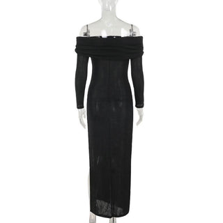 Off shoulder long sleeve high slit o ring maxi dress