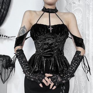 Halter velvet cross applique lace up top