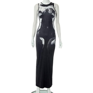 Crewneck body print contrast tank maxi dress