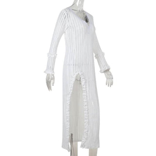 Long sleeve v neck lace slit knitted midi dress