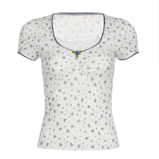 Short sleeve patchwork flower applique print top