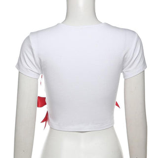 Short sleeve bowknot crewneck contrast top