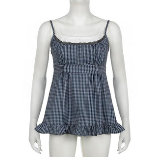U neck plaid print patchwork lace hem ruffle top