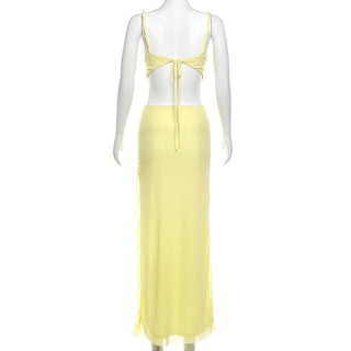V neck ruffle mesh backless cami maxi skirt set