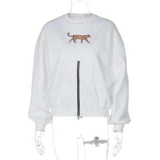 Long sleeve crewneck leopard pattern zip-up top