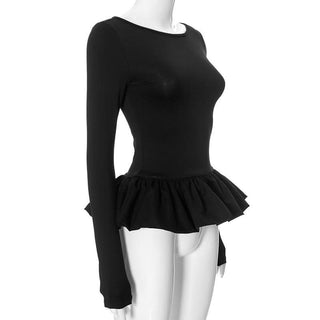 Ruched long sleeve round neck hollow out ruffle cut out top