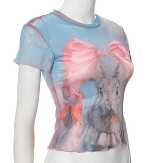 Crew neck short sleeve mesh rabbit print top