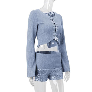 Long sleeve hollow out lace up textured round neck cut out top