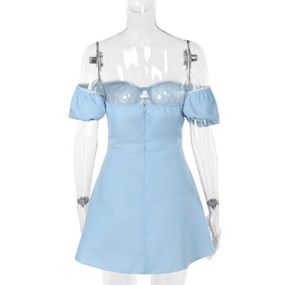 Off shoulder sweetheart neck self tie mini dress