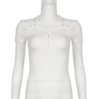 Short sleeve lace hem ribbed bowknot button crop top