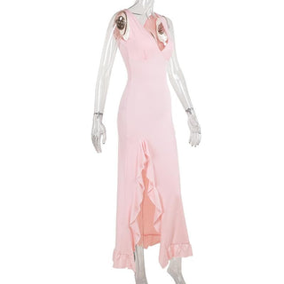 Deep v neck ruffle slit ruched cami maxi dress