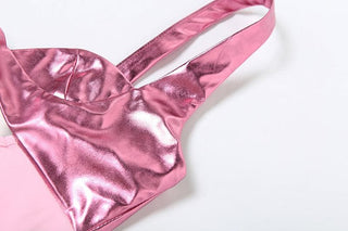 Hollow out metallic patchwork backless cami cut out mini dress