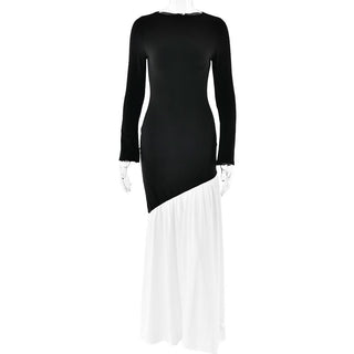 Long sleeve irregular crewneck ruched slit maxi dress