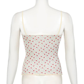 V neck cherry print bowknot lace hem polka dot cami top