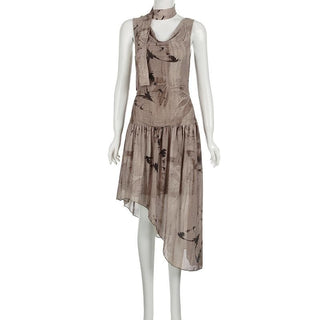 Sleeveless cowl neck print irregular ruched midi dress