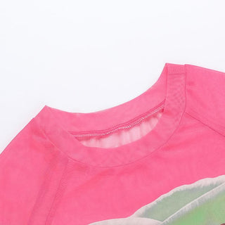 Short sleeve sheer mesh print crop top