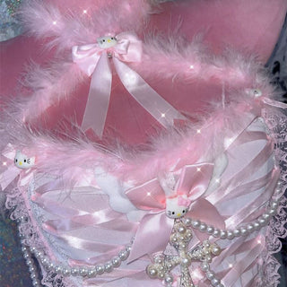 Halter fluffy beaded bowknot "Hello Kitty" pattern backless 2 piece top