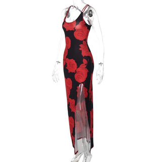 Rose print u neck slit cross back cami maxi dress