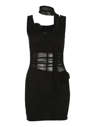 Cowl neck sheer mesh flower applique cami mini dress