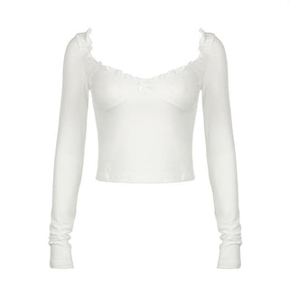 Long sleeve bowknot sweetheart neck ruffle top