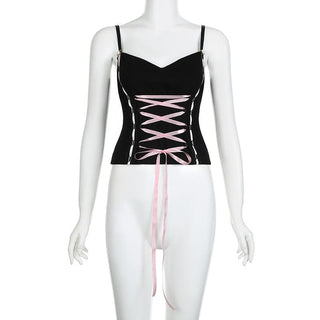 Lace up stitch ribbon sweetheart neck bustier cami top