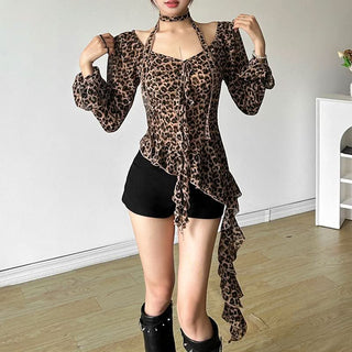 Long flared sleeve irregular leopard print v neck top