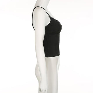 Stitch v neck lace hem backless solid cami top