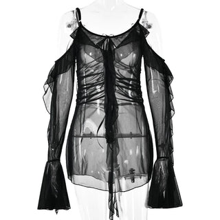 Long flared sleeve Off shoulder sheer mesh ruffle mini dress