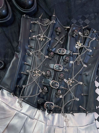Cross applique PU leather rivet buckle bustier tube top