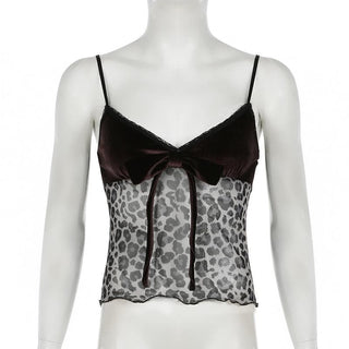 V neck velvet leopard print mesh bowknot cami top